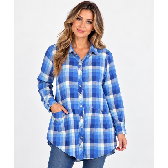 Soft Surroundings Tops - Soft Surroundings Women's XL Blue Plaid Cotton Tunic Shirt Button Front Pockets
